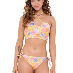 Ninety-Nine Degrees High Neck Crop Top & Side Tie Hipster Bottoms Bikini Set